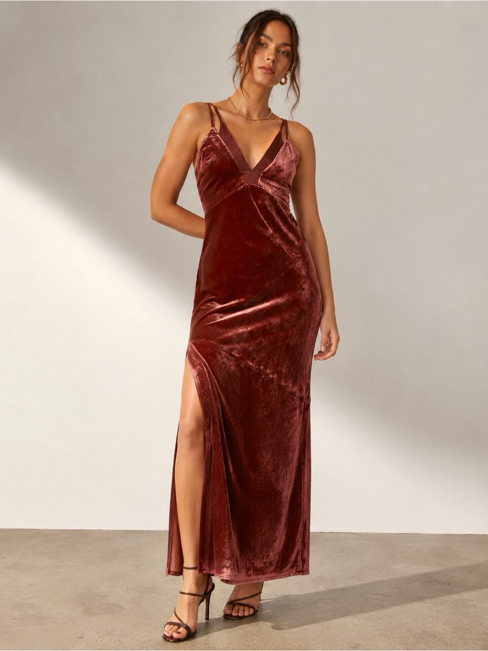 NWT Anthropologie Velvet V-Neck Slip Midi Dress Size 0 Burgundy Wine Side Slit